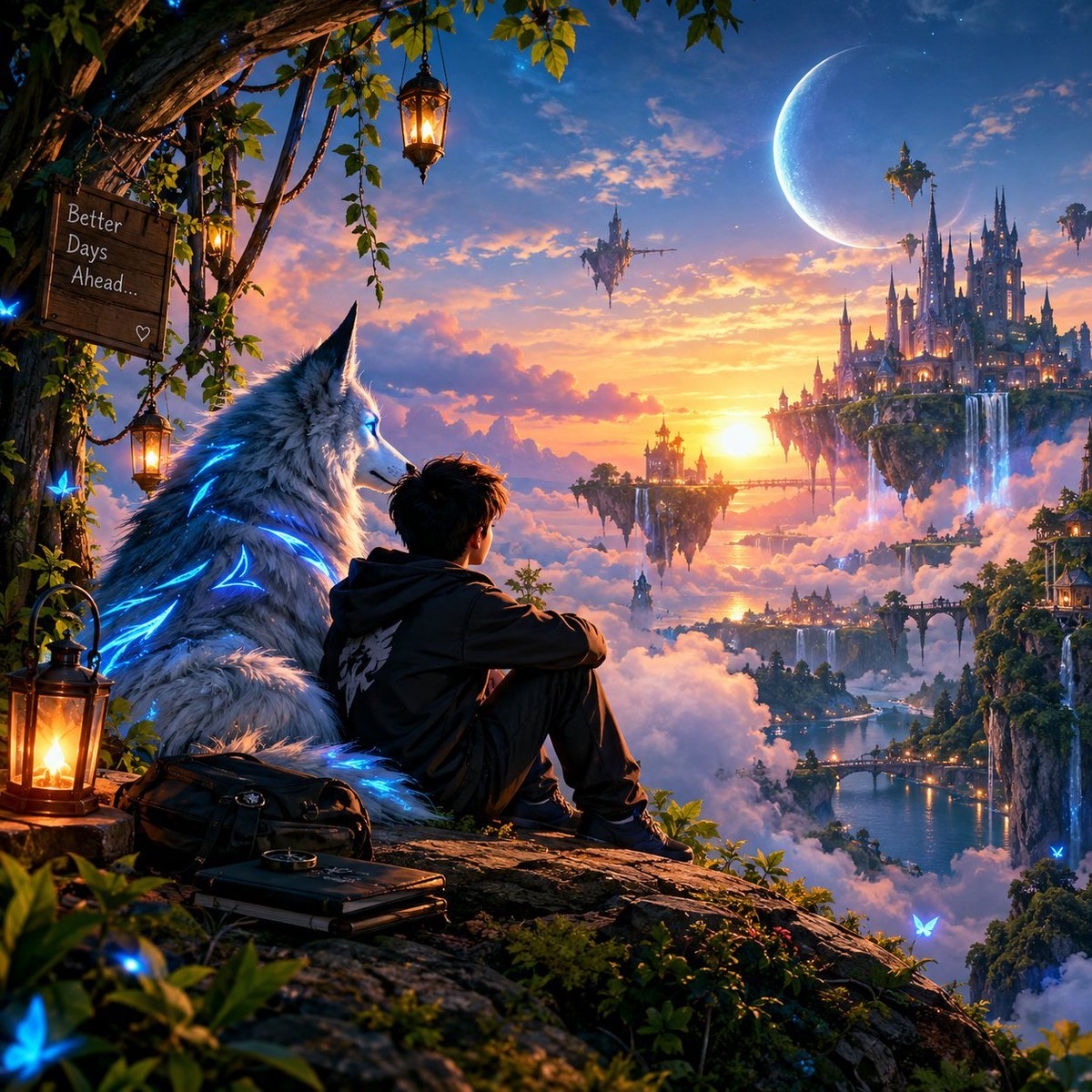 日落时分，一个令人屏息的、前所未见的电影级奇幻世界。一位神秘的年轻旅行者身穿黑色连帽衫，平静地坐在一座巨大的苔藓覆盖的悬崖上，旁边是一头庄严的白狼，它身上闪烁…