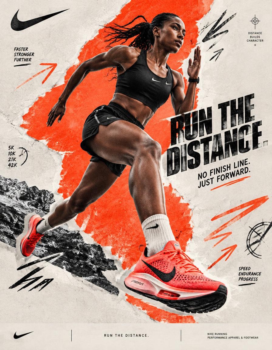 品牌名称 = NIKE 担任专注于为 Instagram 和数字广告打造大胆、面向青年受众品牌内容的社交媒体艺术总监与数字拼贴艺术家。 第一阶段：概念框架 创…