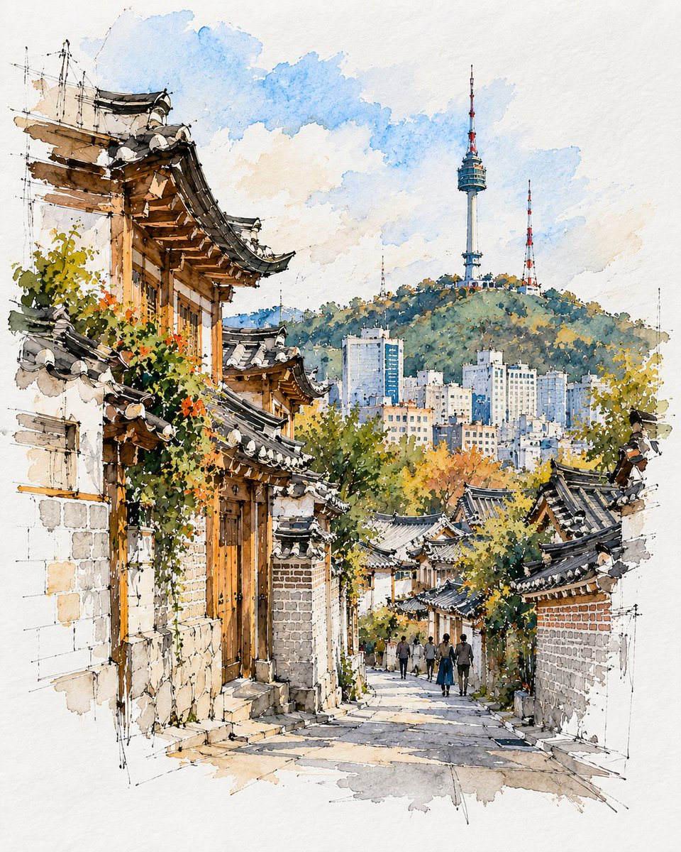 创作一幅高级感的 4:5 竖版旅行写生作品，以[国家 / 城市 / 地点 / 地标]为主题，画在一本小巧的水彩写生本上。 仅限文生图（TXT2IMG）—— 完全根据[国家 / 城…