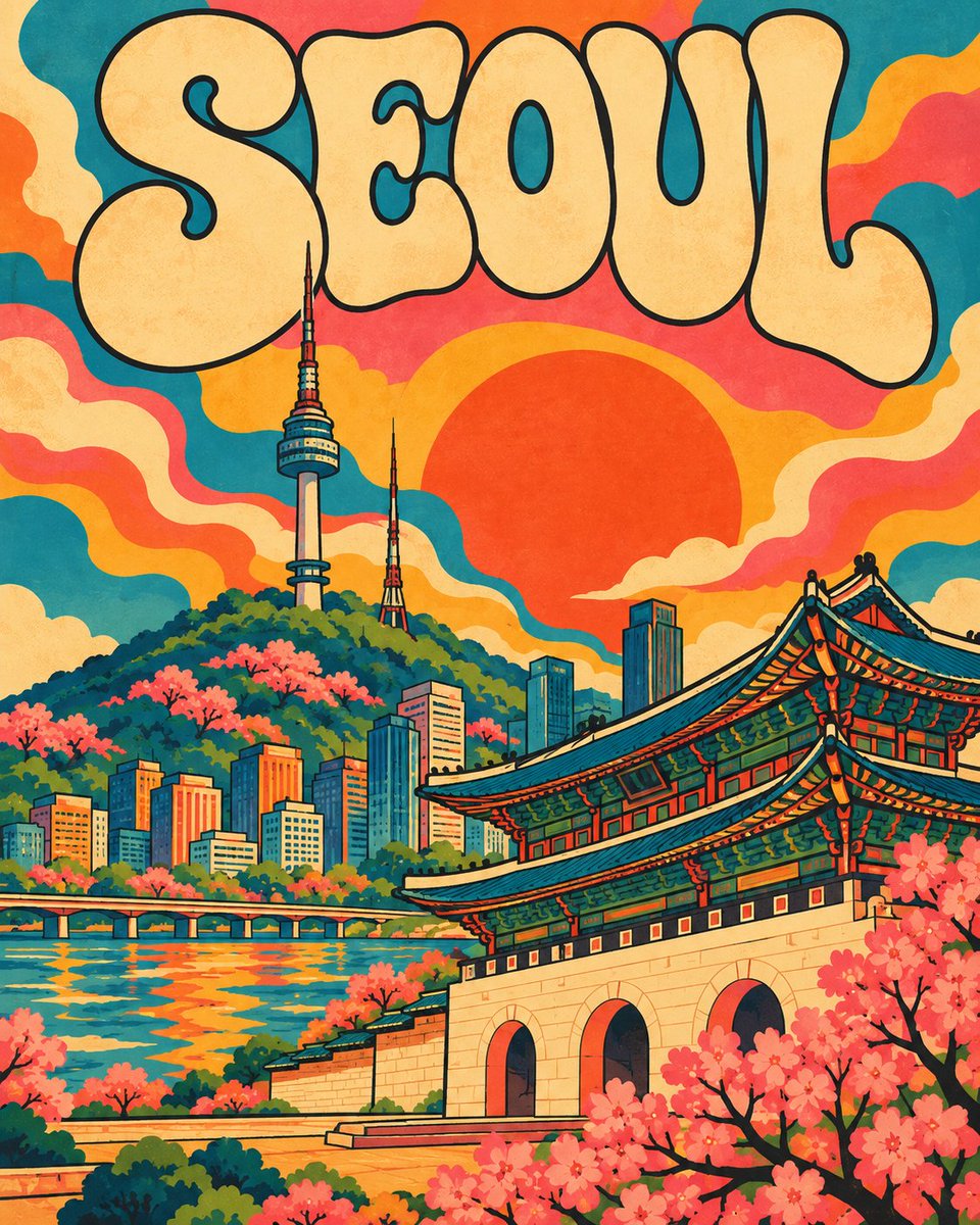 为 [COUNTRY / CITY / LOCATION / LANDMARK] 创作一张高端 4:5 竖版复古迷幻旅行插画。 纯文生图（TEXT-TO-IMAGE ONLY）—…