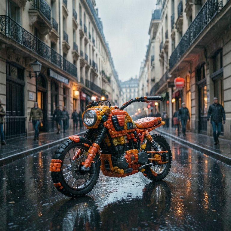 一辆用乐高积木拼成的摩托车，位于雨中的巴黎狭窄街道。电影感，高细节。模型：Flux.2 Klein 4B 推理框架：@ddalcu 出色的 MLX-serve…