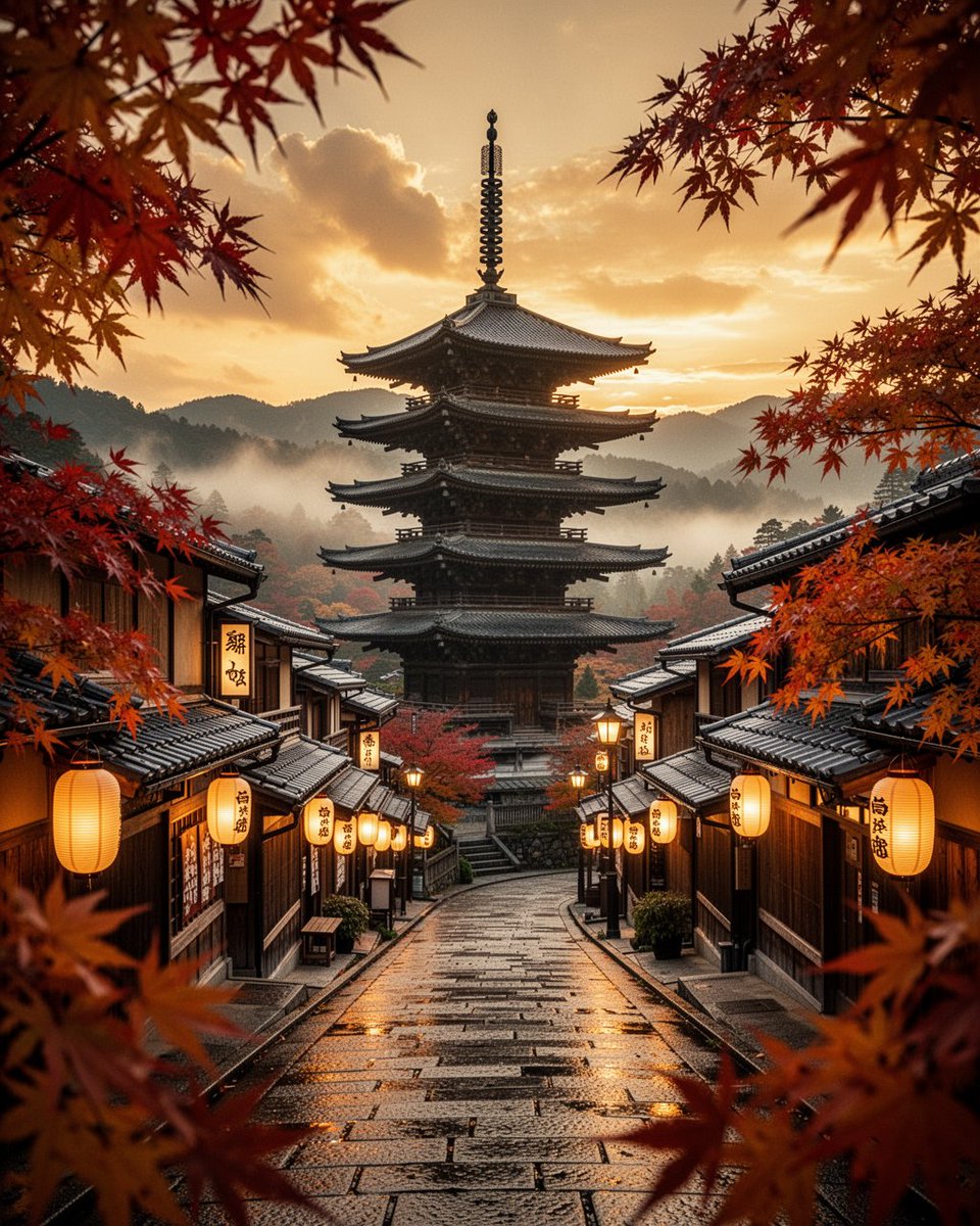 电影感旅行海报照片：金色夕阳下，一座五层木塔矗立于日本古老山城的一条狭窄石街之上，深红与灼橙的秋日枫叶在前景两侧相呼应，木质店铺沿线点亮一盏盏发光的纸灯笼，薄…