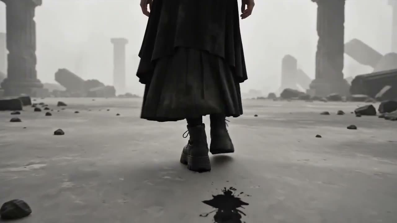 30秒超写实电影级动漫动作序列。一位始终如一的女性主角：凌乱的黑灰色短发、灰白相间的技术夹克、深色层叠长裙、厚底松糕鞋、纤细且略带中性的身材、冷静且面无表情…