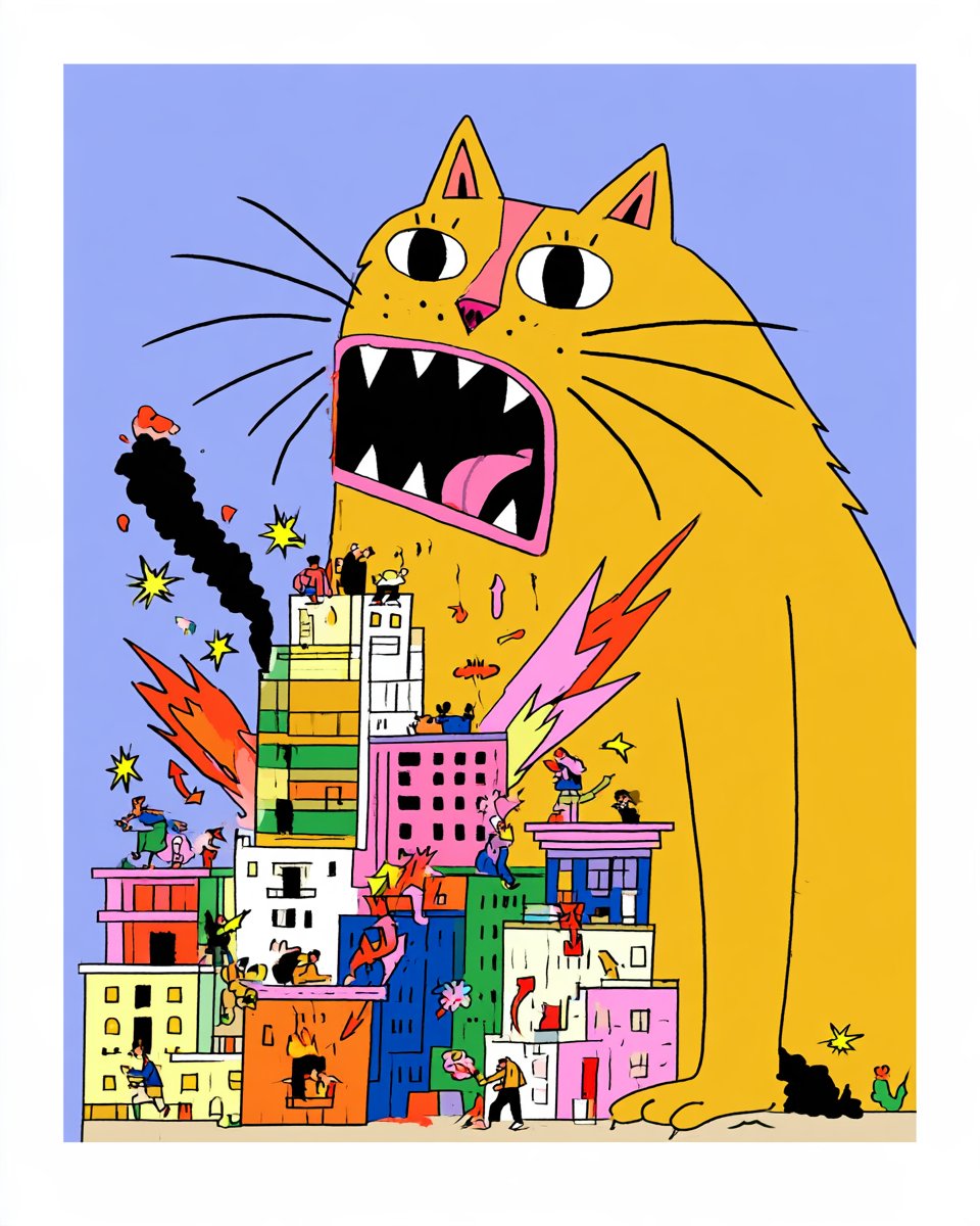 一只巨大的卡通猫漫不经心地摧毁着微型现代城市，而微小的居民们继续着他们完全不为所动的日常生活，幽默荒诞的场景，建筑与星星、箭头和富有表现力的符号混合在一起，大…