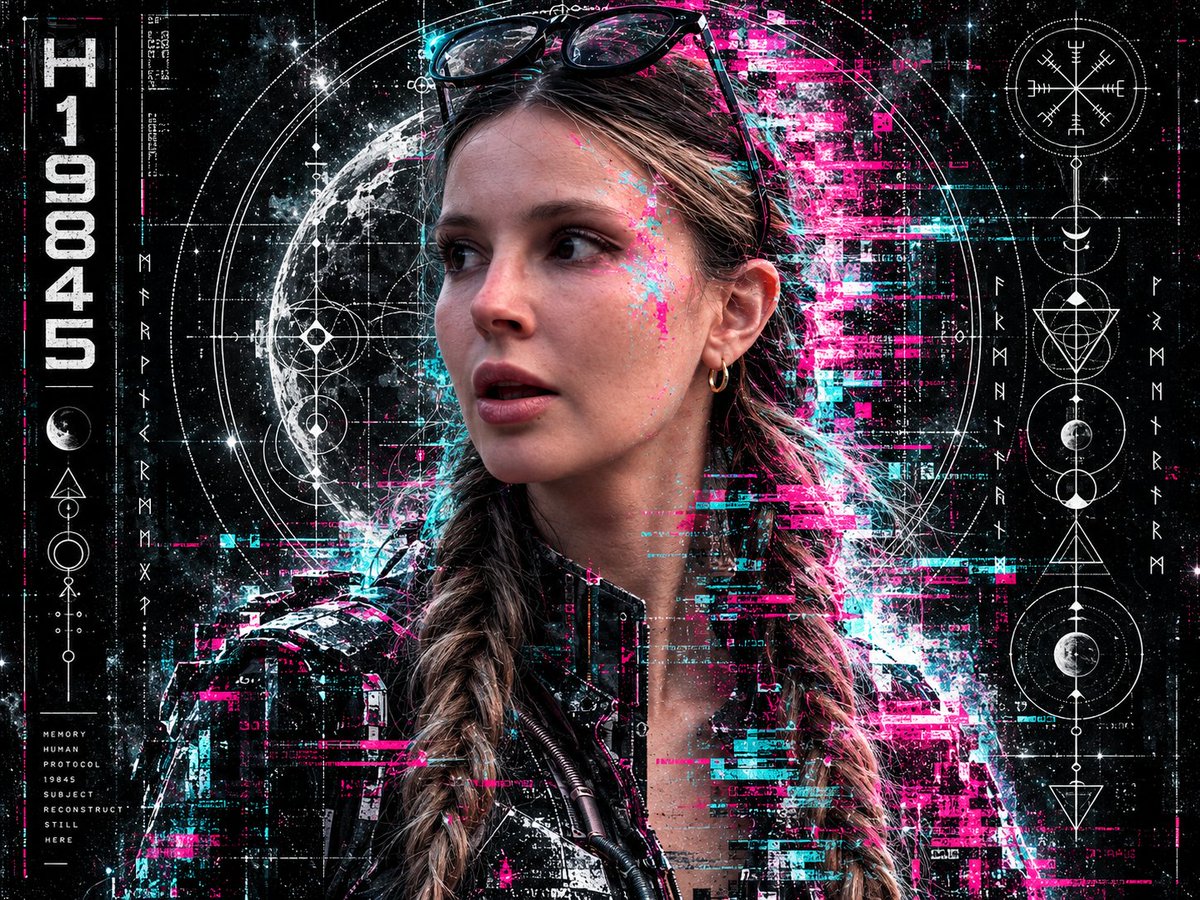 GPTImage2 提示词⤵️ 一幅科幻概念设计与黑暗数字艺术海报。该模型的超精细、逼真的特写镜头。在她的脸部以及星空黑色背景之上，叠加着精致的神圣几何图案、…