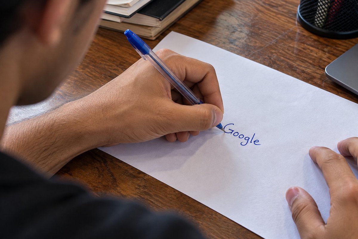为我制作一张图片：一个男孩用左手握着蓝色圆珠笔，在纸上写"Google"。超逼真照片风格，4K，画面干净且细节丰富 https://t.co/h60KbZOZ…