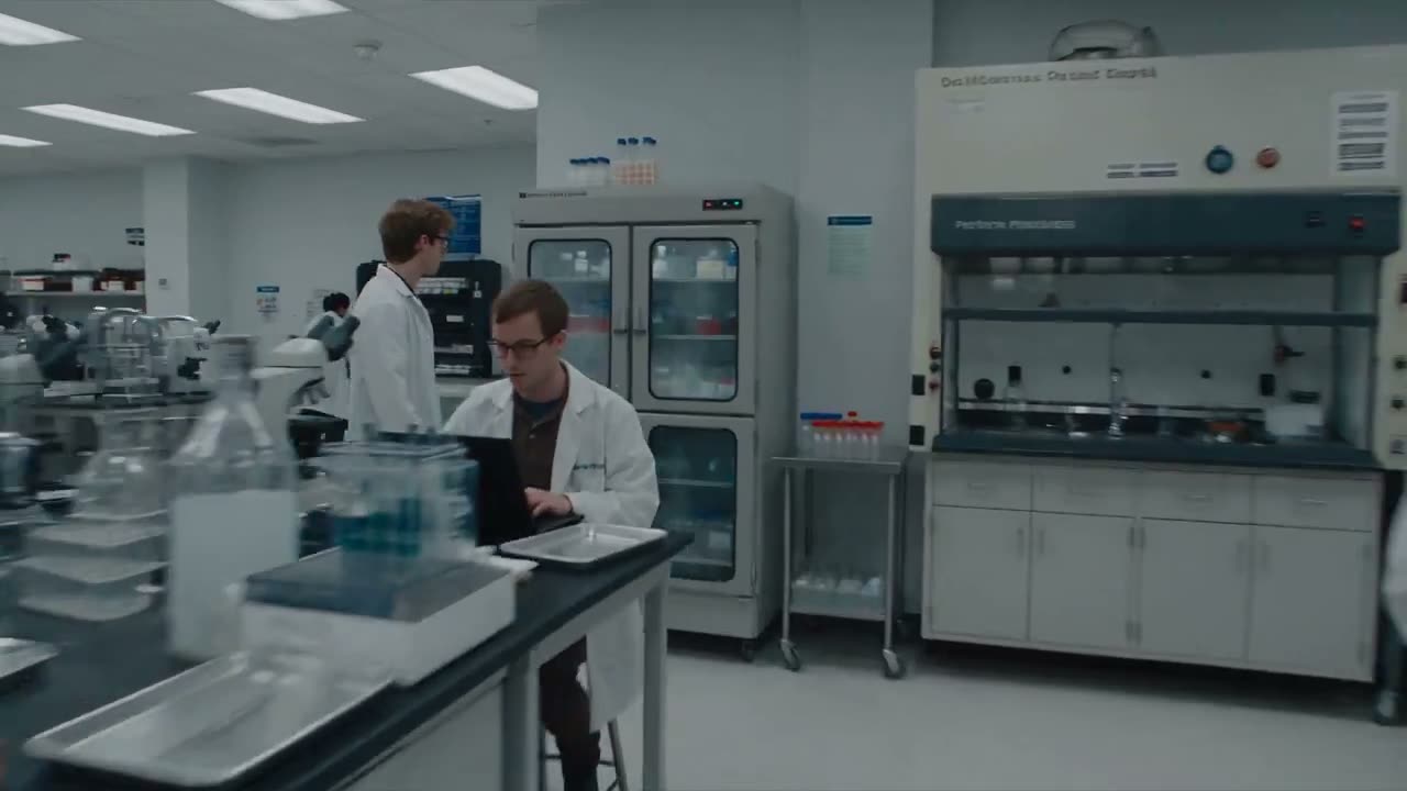 在一个现代化的大学生物医学研究实验室里,创建一个照片级真实的真人丧尸恐怖连续镜头,时间为一个普通的下午实验课。环境应感觉真实且有生活气息:长条形不锈钢工作台、…