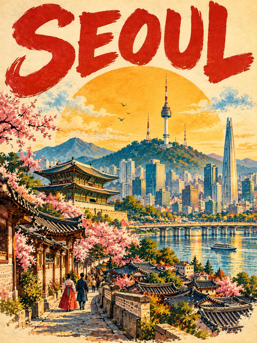 为 [国家 / 城市 / 地点 / 主题] 创作一幅高端 3:4 纵向复古旅行海报。 仅文生图 —— 仅根据目的地本身创作整幅作品。无需参考图片。 核心概念 将 [国家 / 城市…