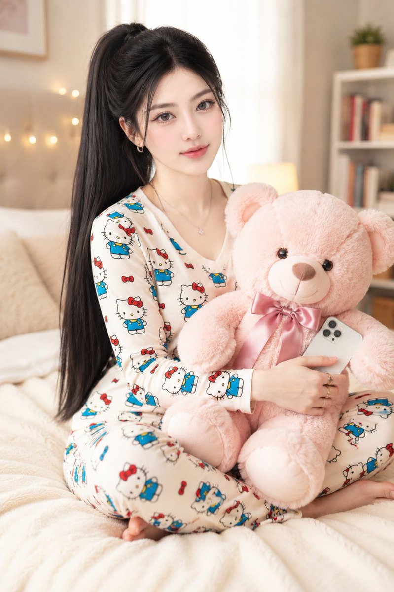 画面中，一位美丽的年轻韩国女性盘腿坐在一间温馨、温暖的卧室里的一张柔软的米色床上。她有着长长的、直顺的、如丝般乌黑亮泽的头发，梳成高马尾，并留有柔和的修饰脸型…