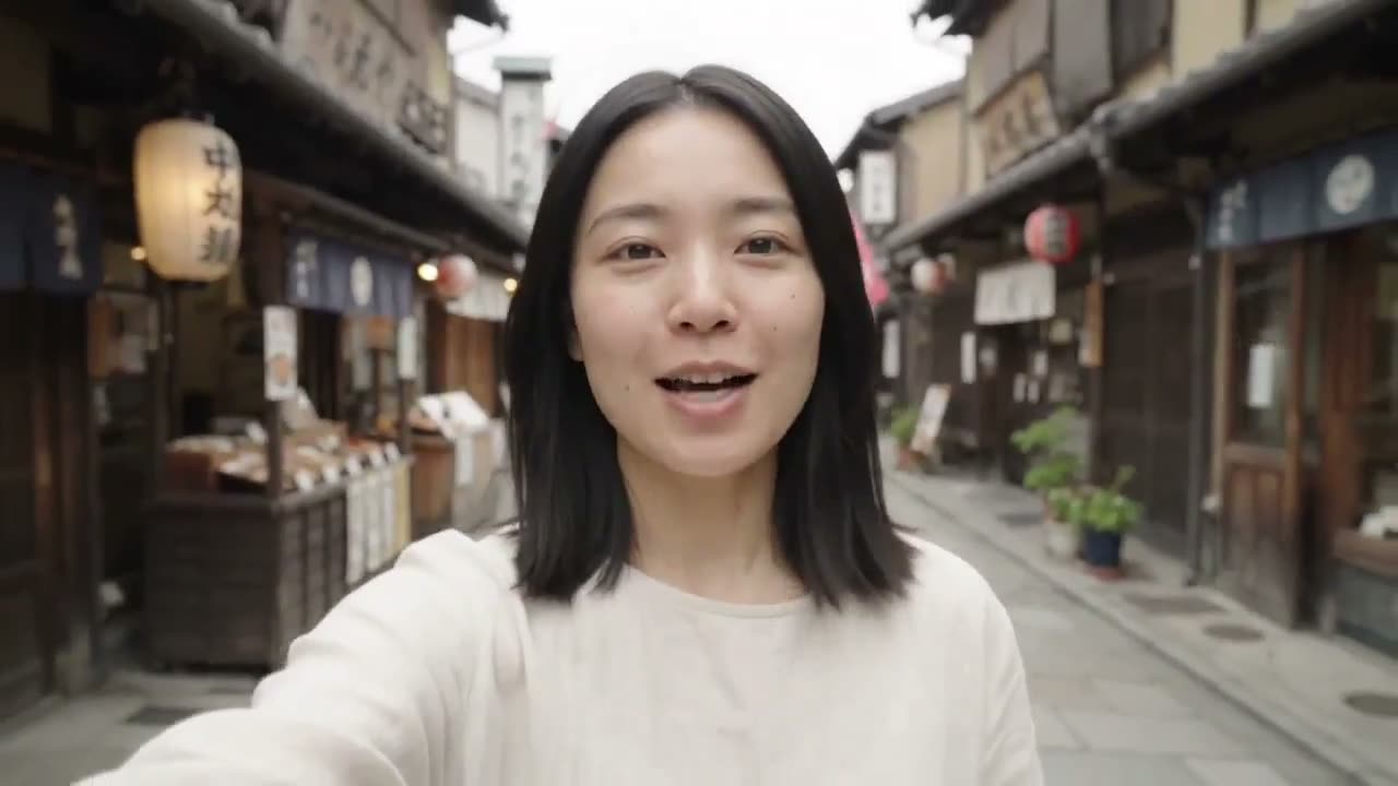 制作一段高度逼真的30秒智能手机旅行Vlog,内容为一位固定不变的年轻日本女性探索京都传统茶室。在整段视频中,必须严格保持她的面部特征、发型、发长、身材比例、…