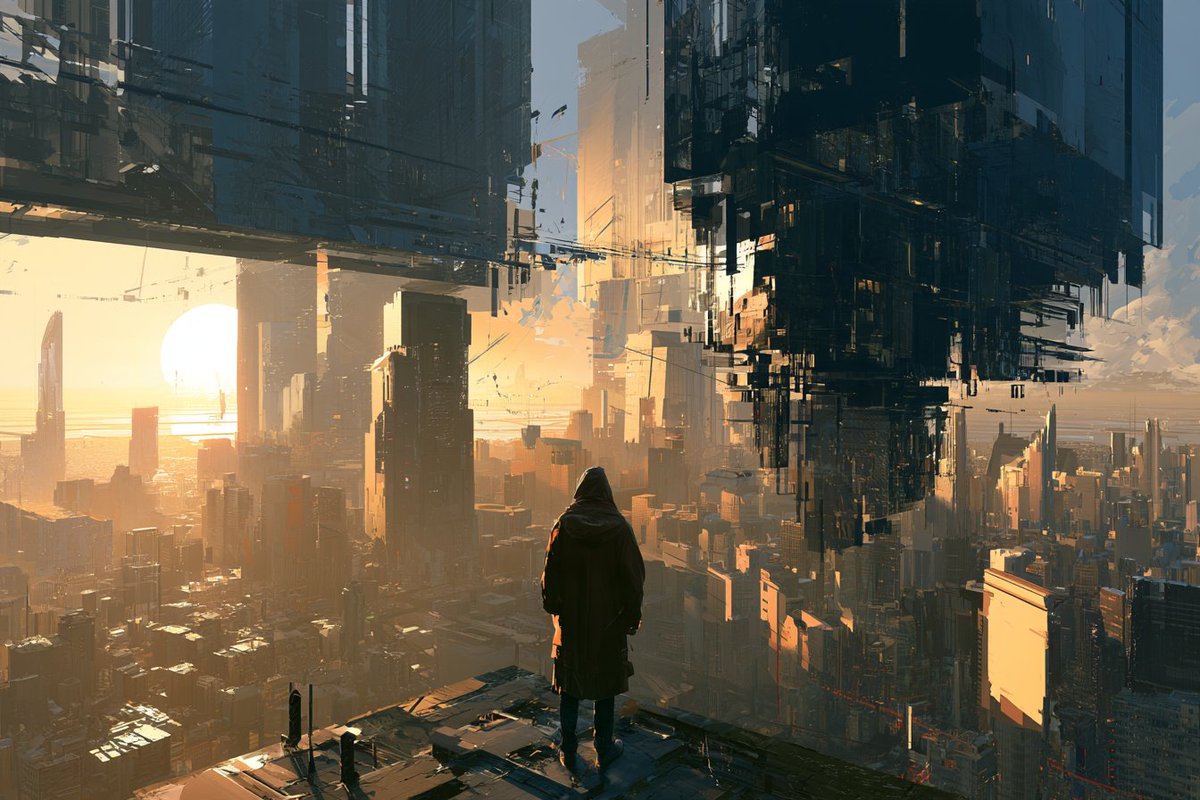[主题] 探索一座量子万花筒城市，建筑在其中不断移动和变形，呈现出持续变化的状态。运用鲜艳的、不断变化的[COLOR1]和[COLOR2]色调来捕捉城市景观的…