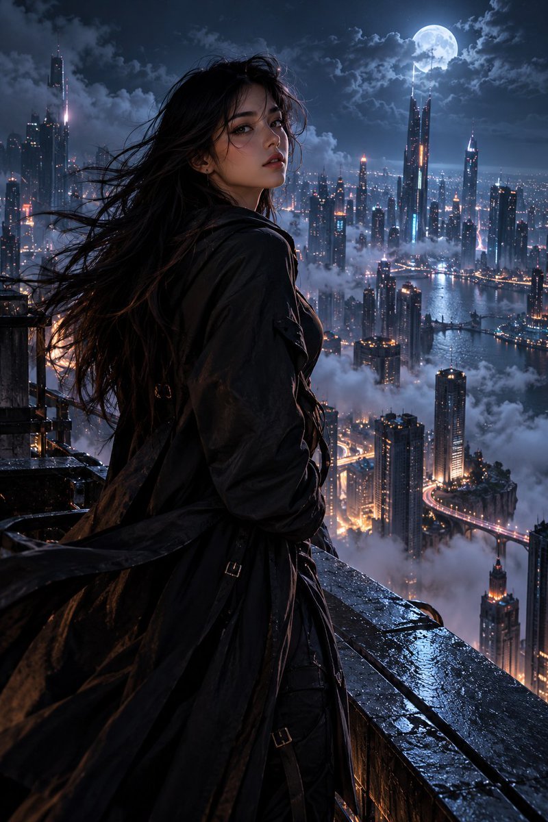 一个神秘的年轻女子独自站在夜晚狂风呼啸的天台上，俯瞰被黑暗环绕的广阔未来城市。长长的黑色秀发在风中飘动，身着优雅的深色大衣，细节带有微妙的未来感，表情平静却带…