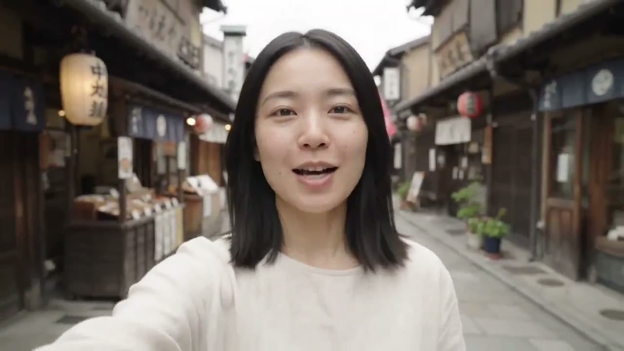 制作一段高度逼真的30秒智能手机旅行Vlog，由同一位年轻的日本女性出镜，探索京都传统的茶室。整段视频必须严格保持她的面部特征、发型、发长、身材比例、肤色和服…