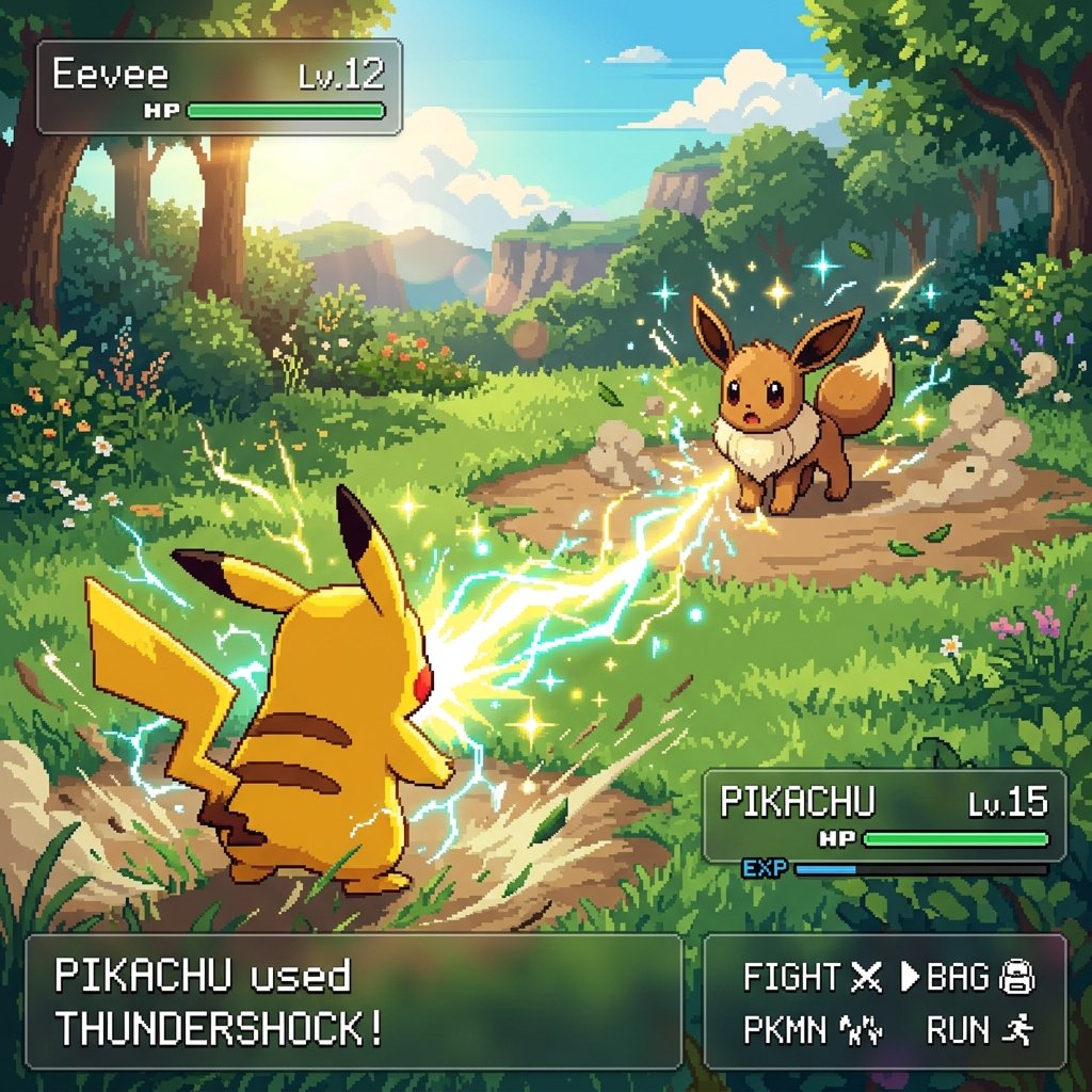 灵感来自经典宝可梦GameBoy游戏画面截图，但呈现为精美的像素艺术风格，加入使用招式时的酷炫特效，现代极简UI，两只可爱的关都宝可梦，正午时分 提示词+参考…
