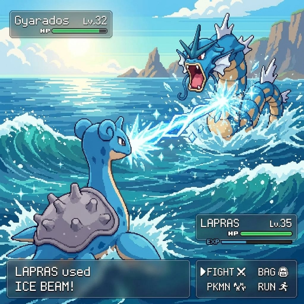 灵感来自经典宝可梦GameBoy游戏画面截图，但呈现为精美的像素艺术风格，加入使用招式时的酷炫特效，现代极简UI，两只可爱的关都宝可梦，正午时分 提示词+参考：将场景更换为一个新…