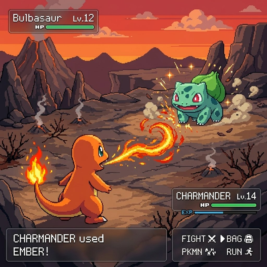 灵感来自经典宝可梦GameBoy游戏画面截图，但呈现为精美的像素艺术风格，加入使用招式时的酷炫特效，现代极简UI，两只可爱的关都宝可梦，正午时分 提示词+参考：将场景更换为一个新…