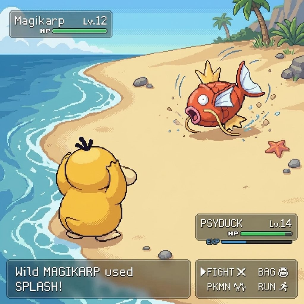 灵感来自经典宝可梦GameBoy游戏画面截图，但呈现为精美的像素艺术风格，加入使用招式时的酷炫特效，现代极简UI，两只可爱的关都宝可梦，正午时分 提示词+参考：将场景更换为一个新…