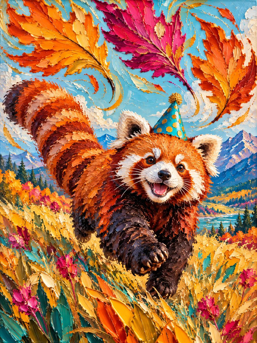一只欢快的小熊猫在开阔的草地上纵情奔跑，头顶上方有三片巨大的、旋转飘落的秋叶，它那一条毛茸茸的带条纹尾巴在身后扫过。厚重的调色刀厚涂质感，带有雕塑般的颜料脊纹…