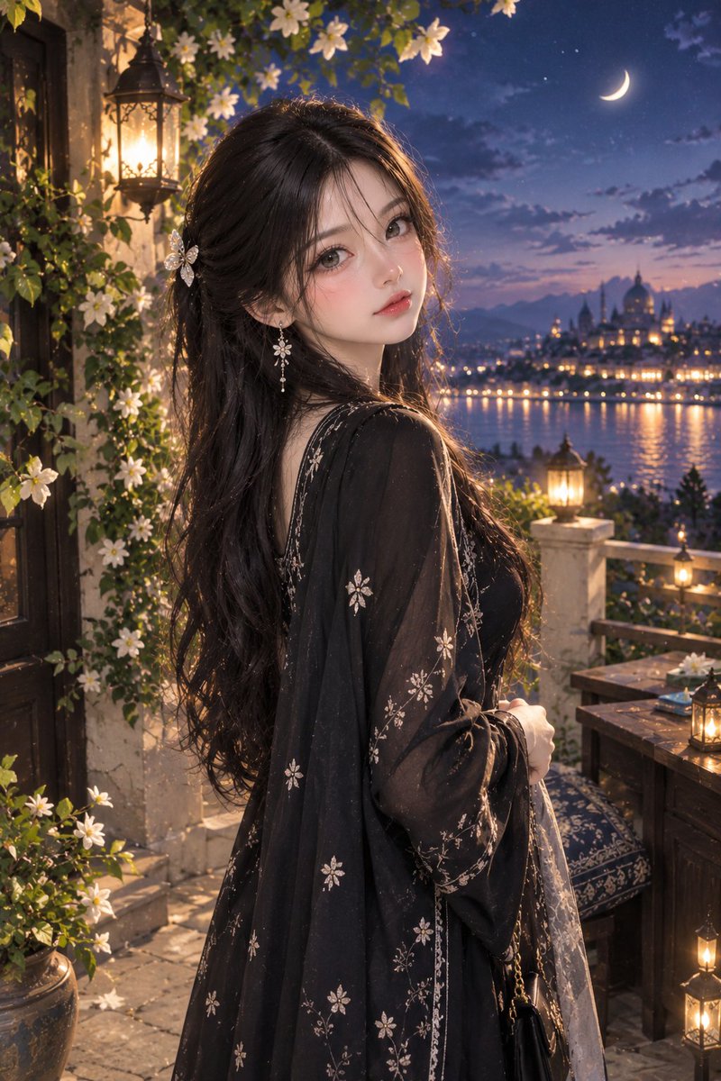 使用 Chatgpt 上的 Gpt image 2 创建 提示词。 一幅高度精细的电影奇幻人像照：一位美丽的年轻女子在黄昏时分站立在一座优雅的、铺满鲜花的花台…