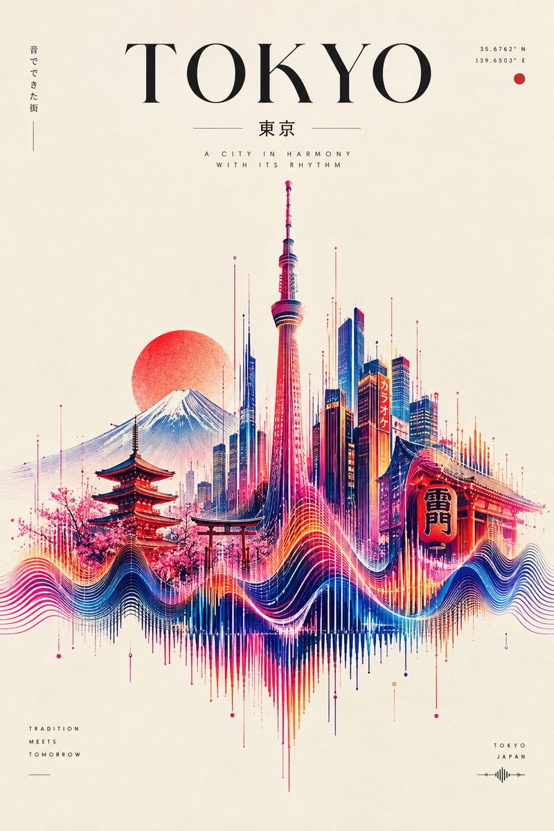 一幅超现实的高端时尚编辑艺术作品，其中[CITY/LANDMARK]完全由流动的声波、音频频率和节奏线条构成。声波从画面底部的微小震动开始，慢慢转变成[CIT…