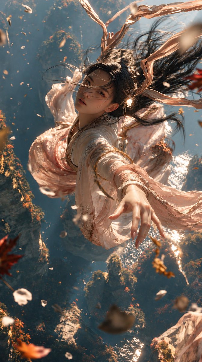 生成图片： A breathtaking young East Asian woman in flowing pale-pink Hanfu, falling…
