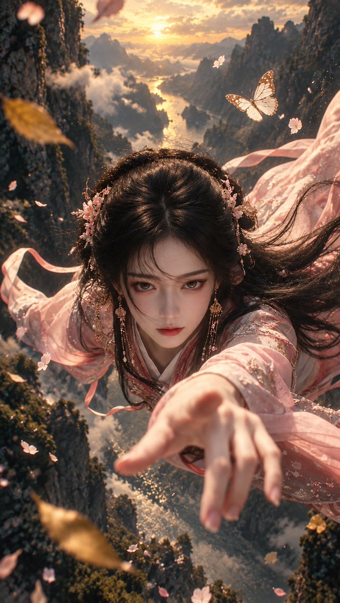 生成图片: A breathtaking young East Asian woman in flowing pale-pink Hanfu, falling gracefull…