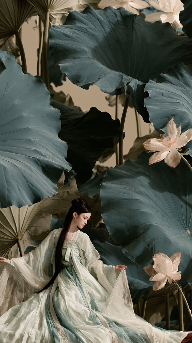 一位令人屏息的年轻东亚女性，身着优雅的中国古代汉服，伫立于一座超现实的巨大莲花花园之中。细腻的古典之美，精致椭圆面庞，苍白莹润的肌肤，含蓄朱唇，乌黑长发梳成传…