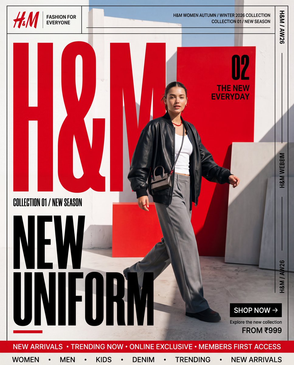 H&M — “NEW UNIFORM” 我首先研究了 H&M 现有的品牌/视觉系统。最具辨识度的元素是：H&M 红 + 黑/白、强风格主导的字体系统、戏剧性的…