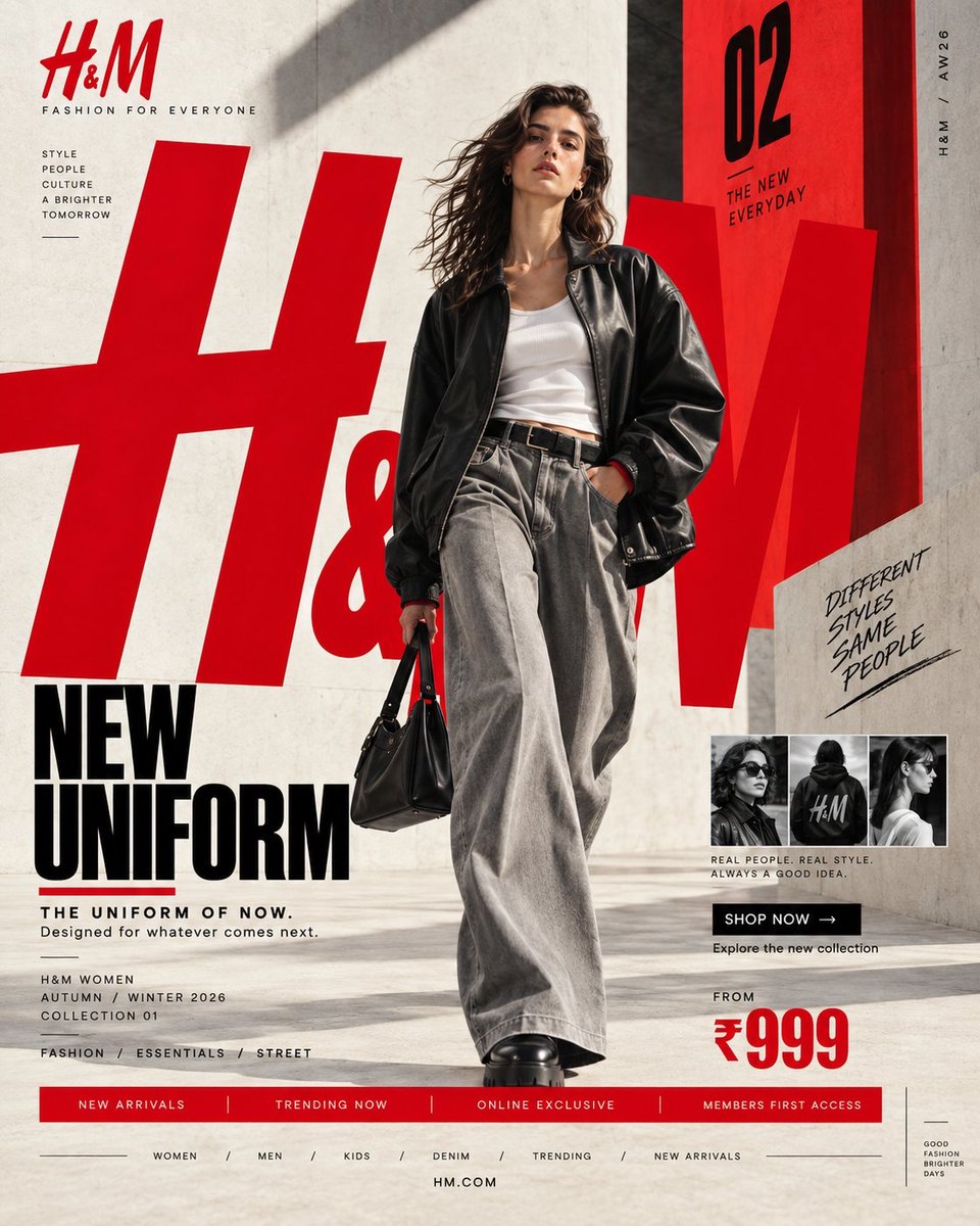 H&M — “NEW UNIFORM” 我首先研究了 H&M 现有的品牌/视觉系统。最具辨识度的元素是：H&M 红 + 黑/白、强风格主导的字体系统、戏剧性的瞬间摄影，以及 H&…