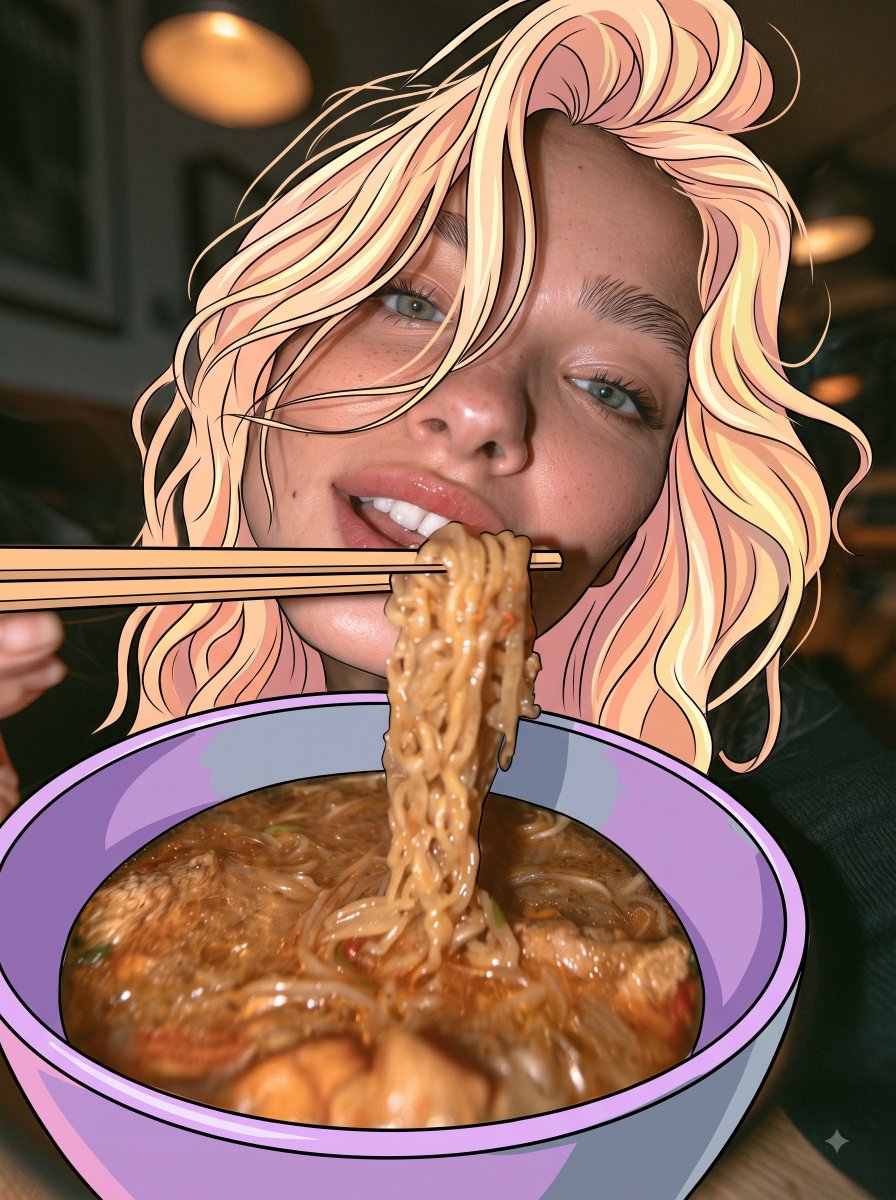 仅将她的头发、碗和筷子转换为2D手绘动漫插画风格,采用干净的线条、平面赛璐璐上色和鲜艳的柔和粉彩色。保持她的面部、皮肤、眼睛、嘴唇、面条、汤底、背景、光照、姿…