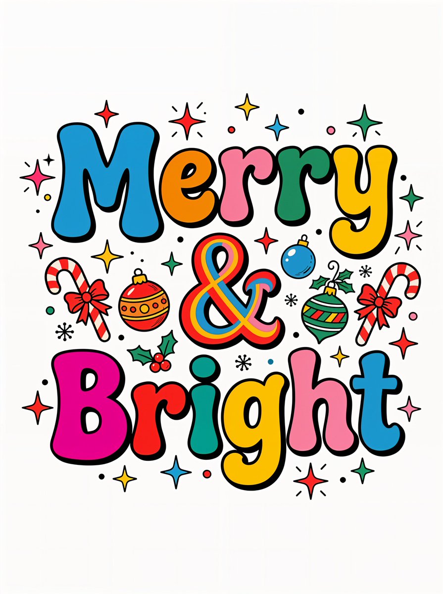 一幅充满活力的复古风格图形采用了俏皮的圆润字体，写着“Merry & Bright”这几个字。文字分为两行排列，“Merry”在上方，“Bright”在下方…