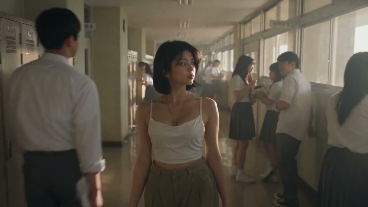 创作一段简短、超写实的日本高中恐怖动作场面，主角为一名女学生。她正走过安静的学校走廊时，一名男学生突然在她面前僵住不动。黑色的血管迅速蔓延至他的脖子、脸部和手…