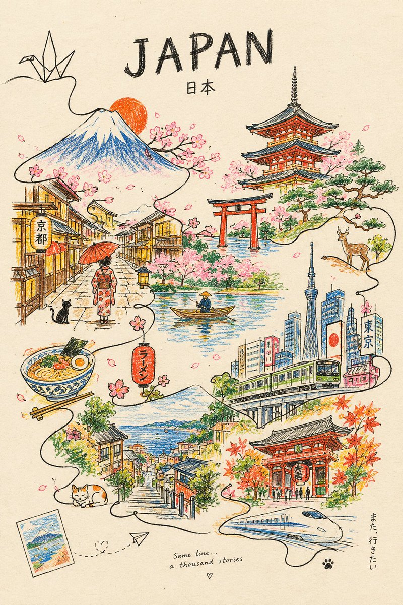 创作一幅极简主义的彩色铅笔与蜡笔艺术作品,主题为[CITY],整座城市由一条单一连续的手绘线条构成。线条从一个微小的文化符号起笔,穿过著名建筑、街道、车辆、树木、山脉与日常生活场…