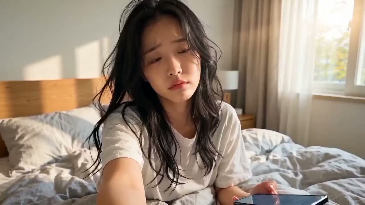 制作一段真实感的电影级生活方式 Vlog 视频，全程出现同一位韩国年轻女性，严格保持面部特征、发型、身材比例和形象的一致性。开场于一个明亮温馨的卧室中，她穿着…