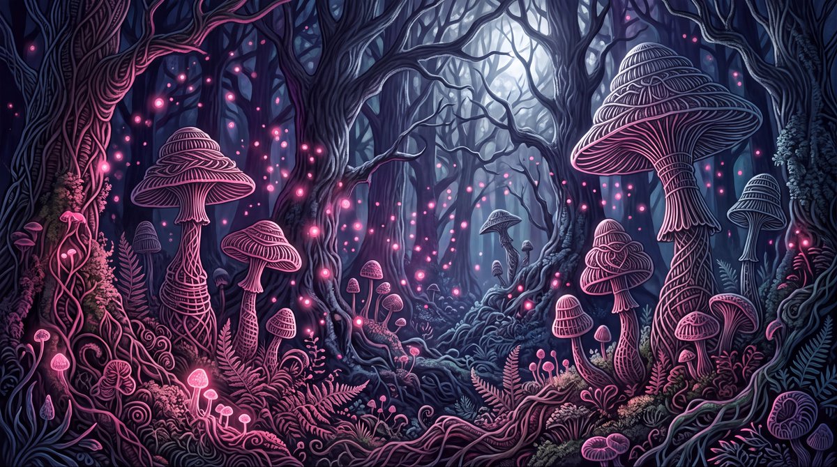 神秘的蘑菇形生物、发光的粉色孢子、夜色中月光投射阴影的奇幻森林场景，营造出一种超凡脱俗的氛围。这幅数字绘画采用Ruth Asawa的风格，运用鲜艳的色彩和精致…