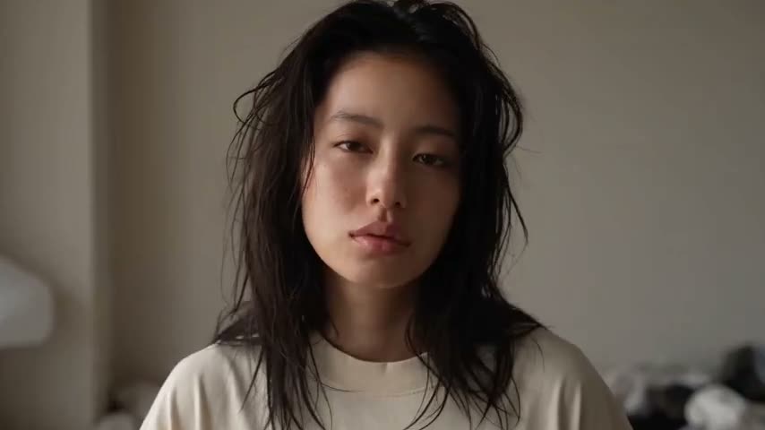 制作一段10秒超写实抖音风格化妆变装视频，同一位迷人年轻成年女性，电影级16:9画幅，奢华美妆广告美学。 0–2.5秒：素颜、凌乱发型、宽松T恤、困倦表情，位…