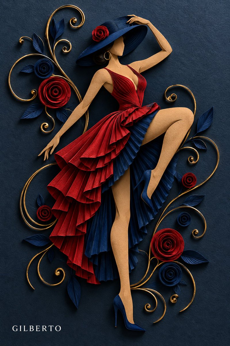 3D 纸艺卷纸浅浮雕画，描绘一位没有五官的女性[SUBJECT/POSE，例如：正在高踢腿的舞者 / 迈着动态步伐的时尚模特]。 她戴着宽檐[HAT COLO…