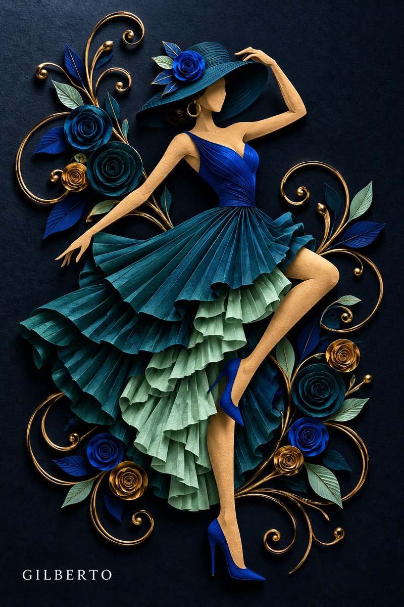 3D 纸艺卷纸浅浮雕画，描绘一位没有五官的女性[SUBJECT/POSE，例如：正在高踢腿的舞者 / 迈着动态步伐的时尚模特]。 她戴着宽檐[HAT COLOR]纸帽，帽上有一朵…