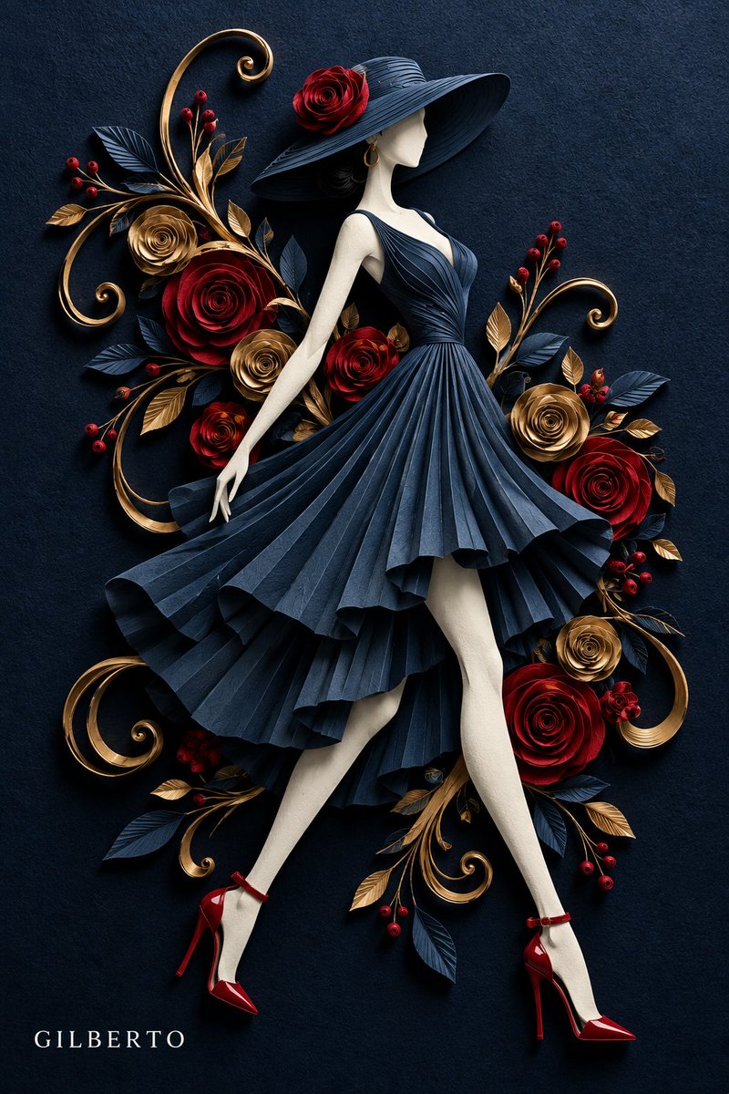 3D 纸艺卷纸浅浮雕画，描绘一位没有五官的女性[SUBJECT/POSE，例如：正在高踢腿的舞者 / 迈着动态步伐的时尚模特]。 她戴着宽檐[HAT COLOR]纸帽，帽上有一朵…