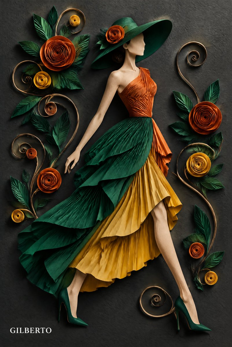 3D 纸艺卷纸浅浮雕画，描绘一位没有五官的女性[SUBJECT/POSE，例如：正在高踢腿的舞者 / 迈着动态步伐的时尚模特]。 她戴着宽檐[HAT COLOR]纸帽，帽上有一朵…