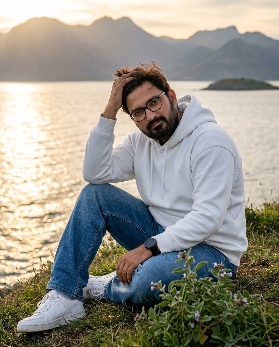 照片级逼真的电影感旅行肖像：一位英俊的年轻印度男子在黄金时刻，随意地坐在一处郁郁葱葱的绿色草坡悬崖上，身旁是平静的大海。他穿着干净的白色宽松连帽卫衣、宽松版蓝…