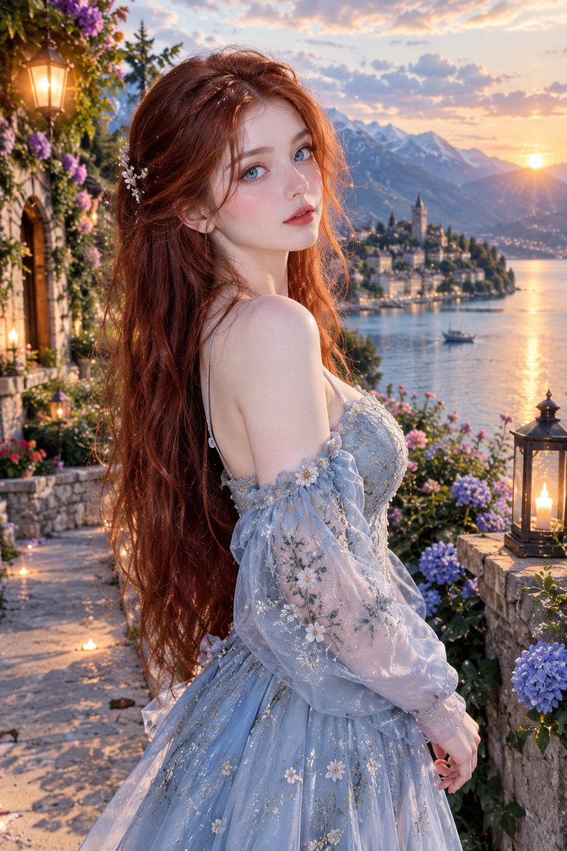 使用 ChatGpt 上的 GPT Image 生成 提示词。 一幅令人屏息的电影级照片写实风格肖像：一位美丽的成年女性站在一条开满鲜花的石砌露台上，俯瞰着日…