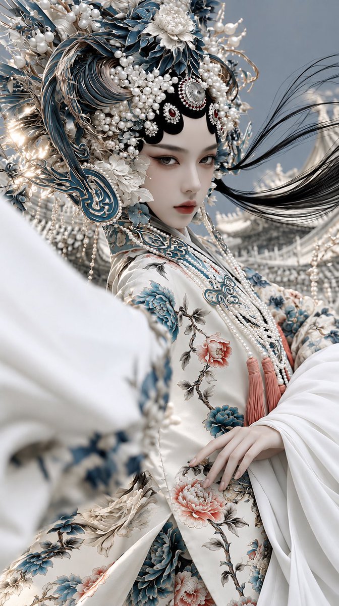 一位极其美丽的年轻东亚女性，空灵的中国宫廷戏曲女神，精致的瓷娃娃面孔，细腻的面部结构，忧郁的杏仁形眼睛，含蓄的烟熏眼线，柔和的玫瑰色哑光唇，冷峻疏离的表情，宏…