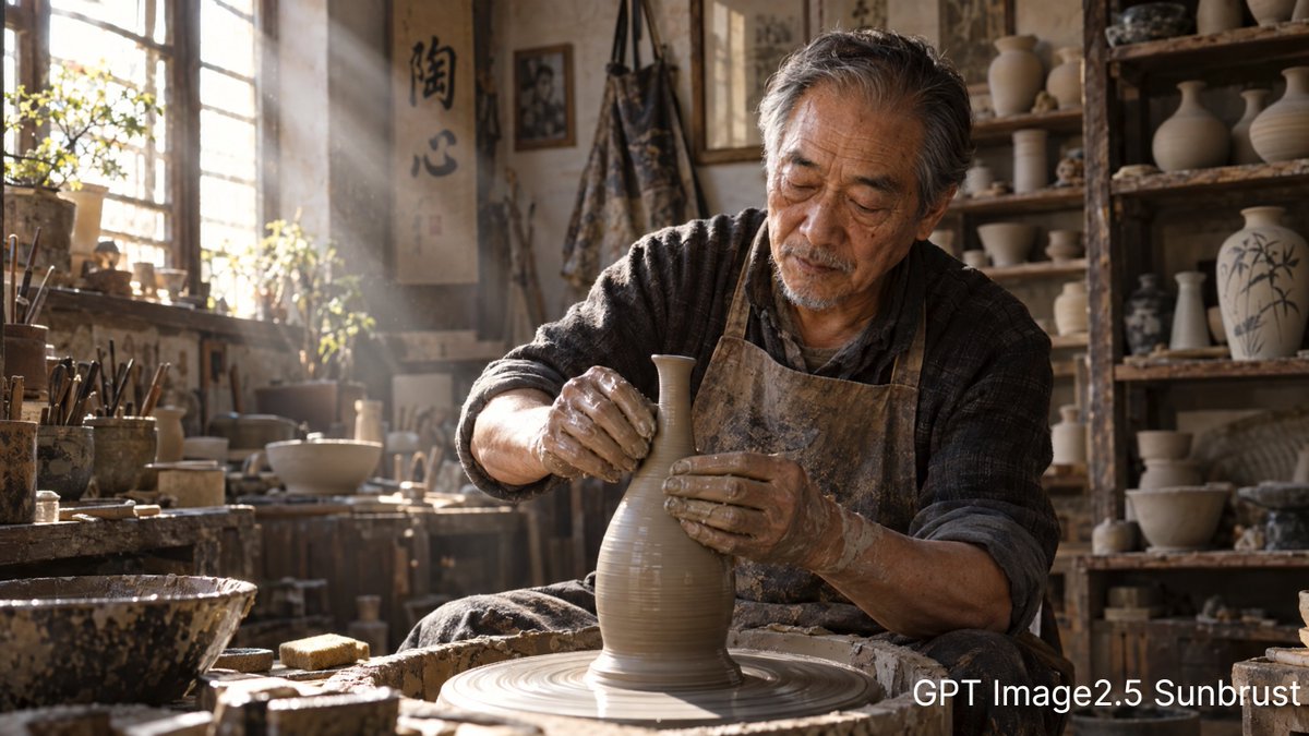 超写实电影感肖像：一位年长的亚洲陶瓷艺术家坐在堆满杂物的工坊里，双手沾满湿润的粘土，正在陶轮上塑形一只细颈花瓶；午后的阳光透过布满灰尘的窗户洒入，形成丁达尔光…