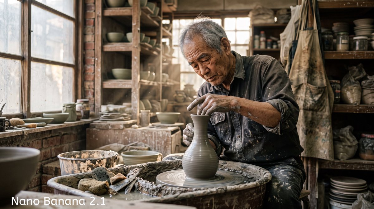 超写实电影感肖像：一位年长的亚洲陶瓷艺术家坐在堆满杂物的工坊里，双手沾满湿润的粘土，正在陶轮上塑形一只细颈花瓶；午后的阳光透过布满灰尘的窗户洒入，形成丁达尔光束；木制架子上摆满了…
