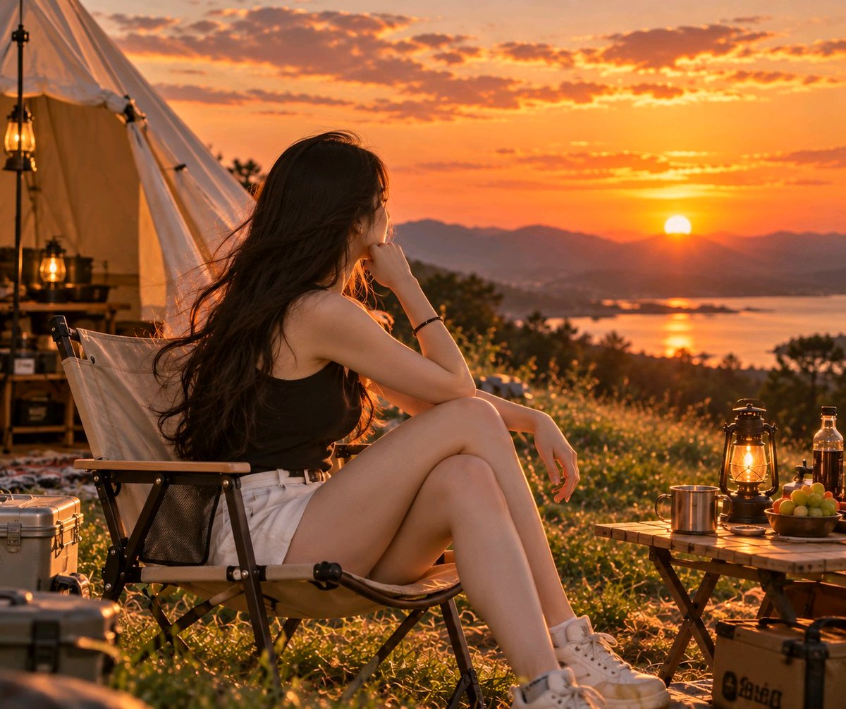 超写实露营地日落画面，年轻女子坐在折叠露营椅上侧身凝视夕阳，黑色长波浪发被微风轻轻吹动，黑色无袖上衣简洁休闲，白色短裤，神态安静放松，中景视角，背景是白色帐篷…