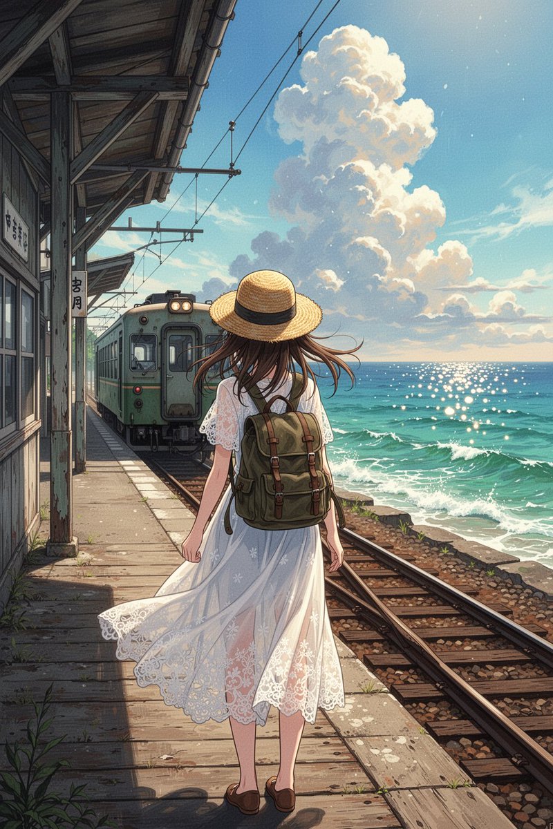一幅怀旧风格的日本夏日动漫插画：在一个明媚耀眼的午后，一座静谧的古老海边火车站。画面为一位年轻女子的全身背面视角，她身穿飘逸的白色蕾丝连衣裙，头戴草编遮阳帽…