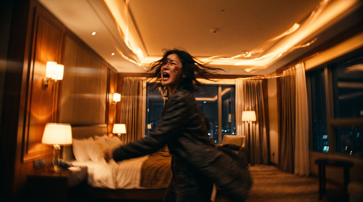 电影剧照，一位韩国女性身处豪华酒店套房，头部后仰，嘴巴大张，呈紧张尖叫或狂喜的表情，黑色头发飞扬。她剧烈旋转，在整个画面中产生浓重的运动模糊效果。低角度拍摄…