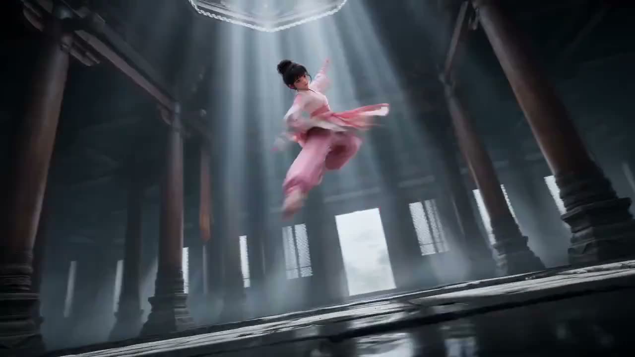 创作一部电影级15秒照片级写实奇幻武侠短片，场景设定在一座宏伟的古老神殿大厅内，大厅中有高耸的深色石柱、潮湿反光的地面、戏剧性的顶光光束，以及神秘的大气雾气…