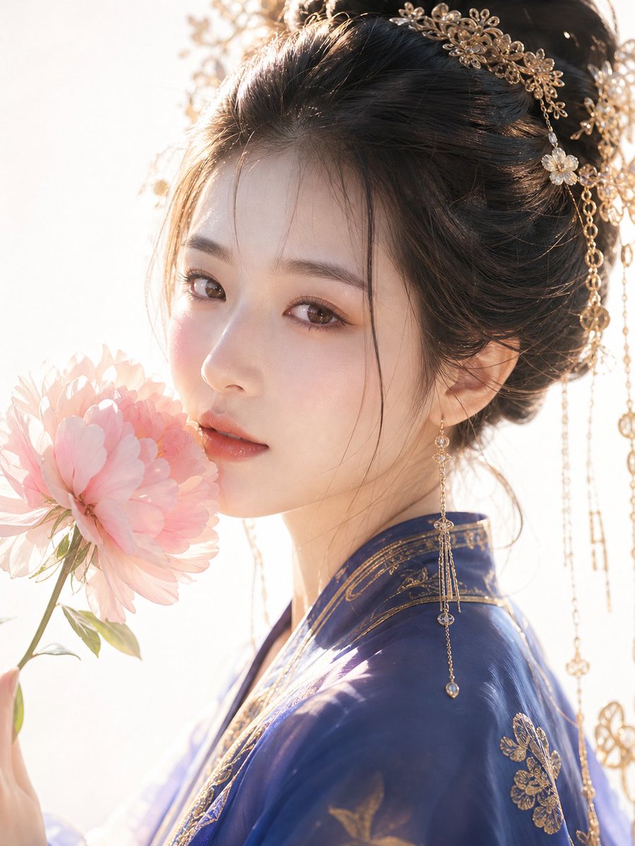 Prompt👇 --- 国风美女提示词： Close-up fine-art portrait of a graceful ancient Chinese b…
